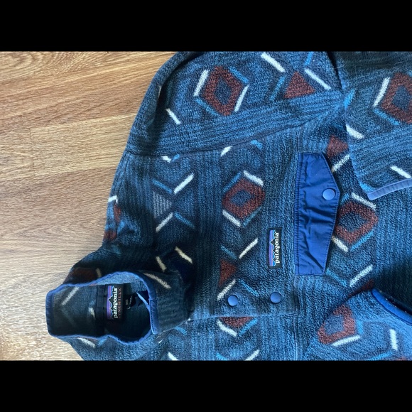 RARE Patagonia Aztec tribal fleece jacket coat print pattern geo intarsia blue - Picture 3 of 5